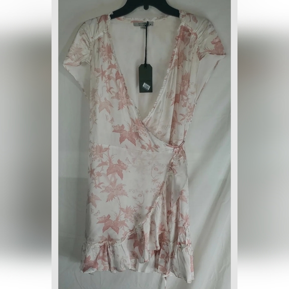Allsaints Women's 8 Zinnia Evolution Wrap Dress Pink Floral Ruffle Hem New Tags - Picture 3 of 4